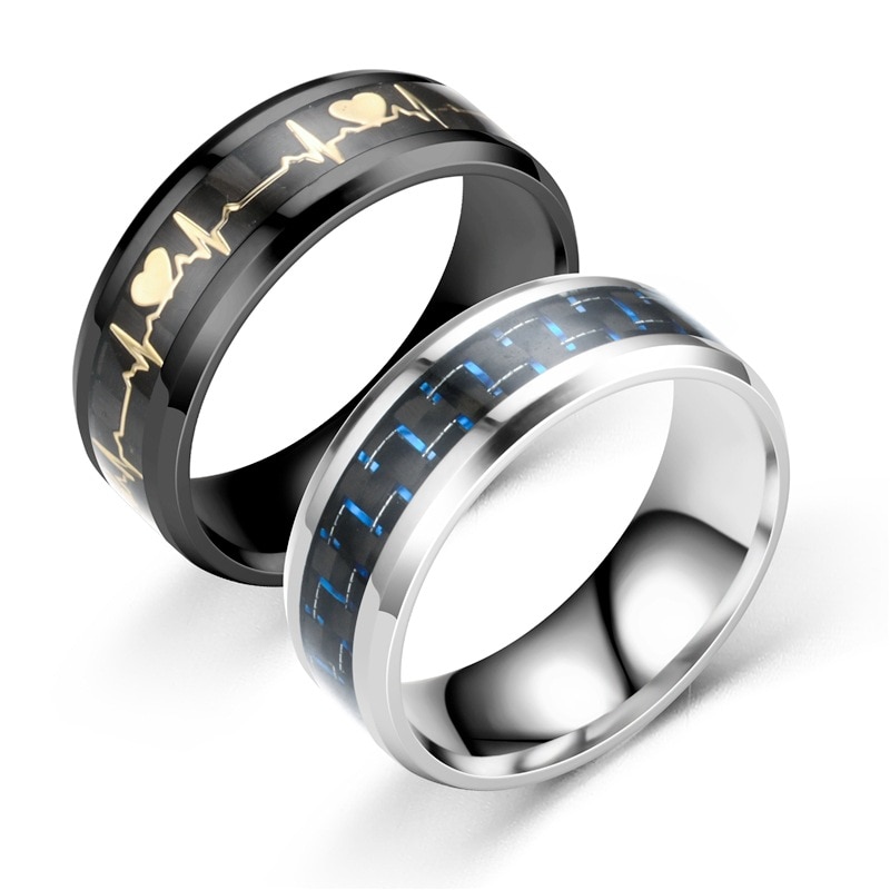 1pc luminoso humor ecg anel de aço inoxidável fibra carbono casal anel de casamento promessa coração anel brilhante jóias para homens