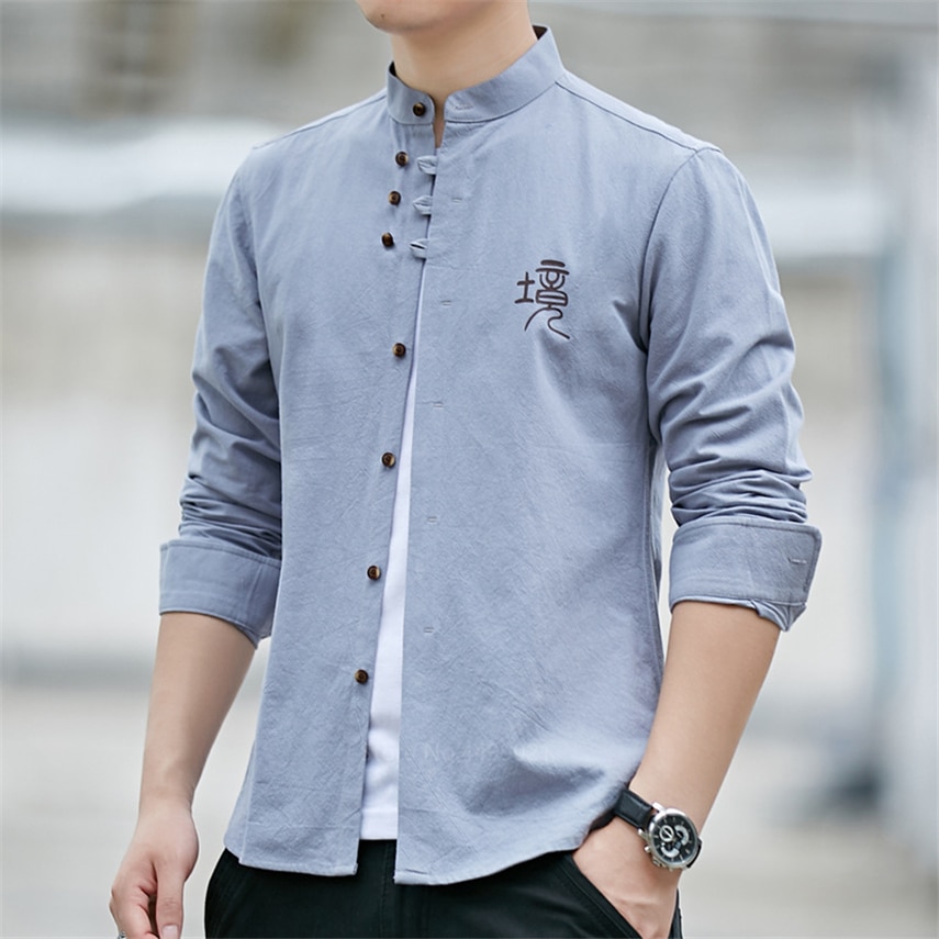Retro Chinese Man Shirt Casual 100% Katoen Traditionele Tops Mannelijke Mandarijn Kraag Effen Kung Fu Kleding Tuniek Tang Pak