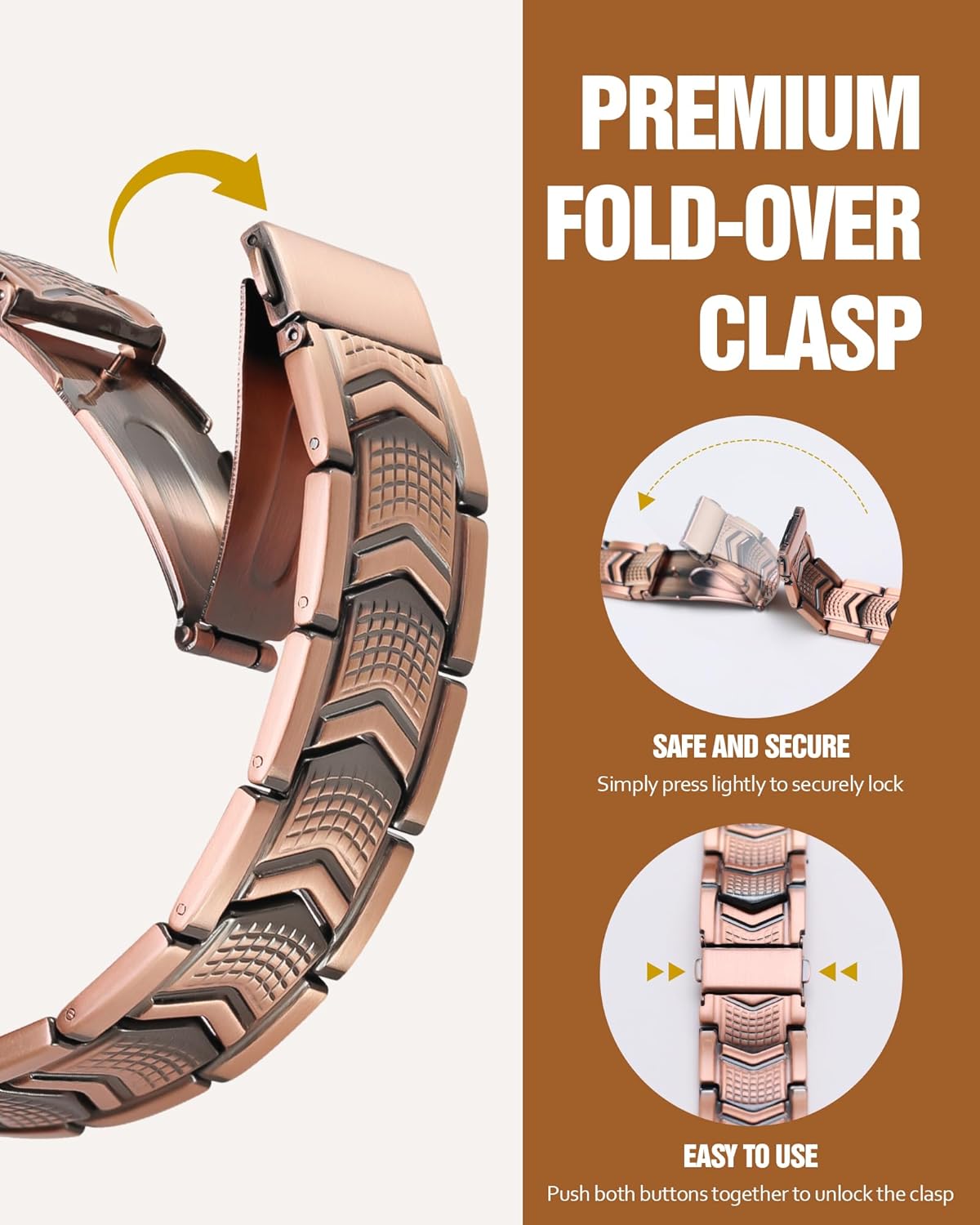 ARADOO koperen armband voor heren titanium staal 3x sterkte magnetische premium vouwsluiting armbanden
