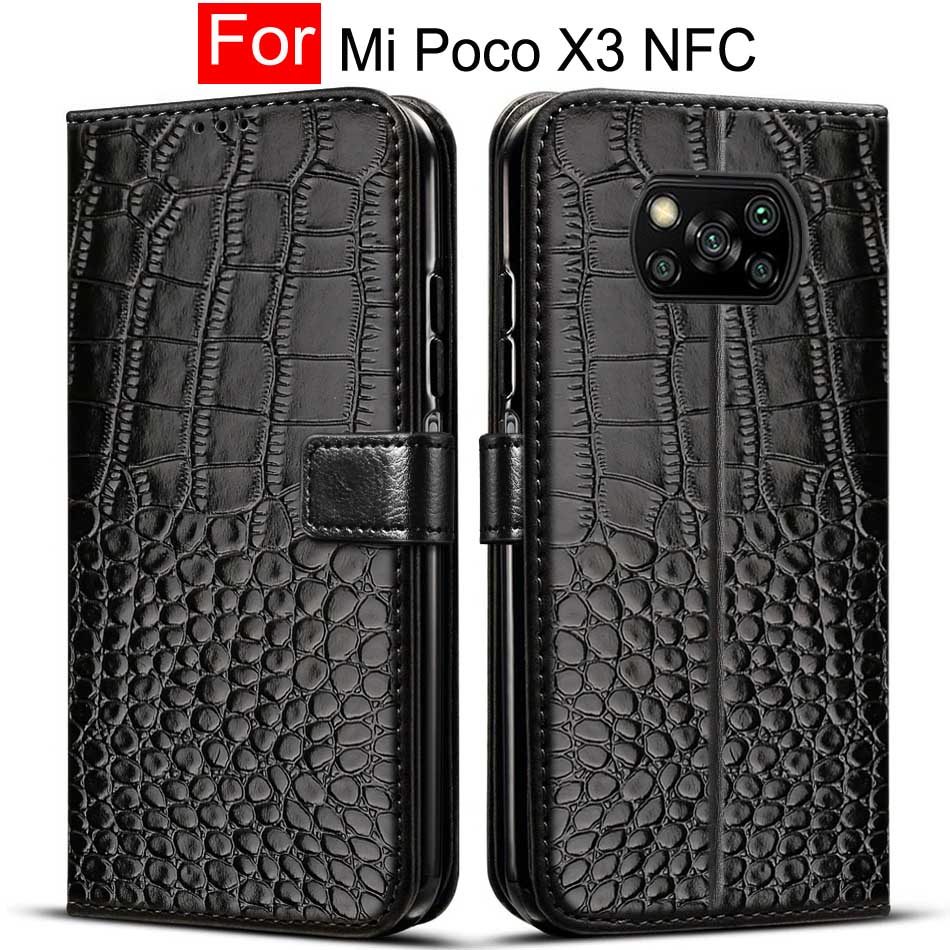 Funda con tapa magnética para Xiaomi MI Poco X3 NFC, tarjetero de cuero de lujo con Soporte para tarjeta de funda de cartera, NFC: For MI Poco X3 NFC / Black