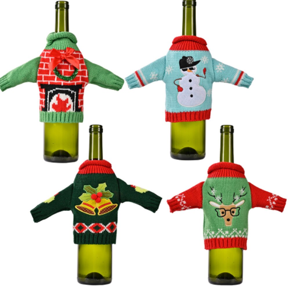 Kerst Gebreide Kleding Wijn Set Champagne Fles Cover Bag Wijnfles Tas Tafel Decoratie Kerst Decor