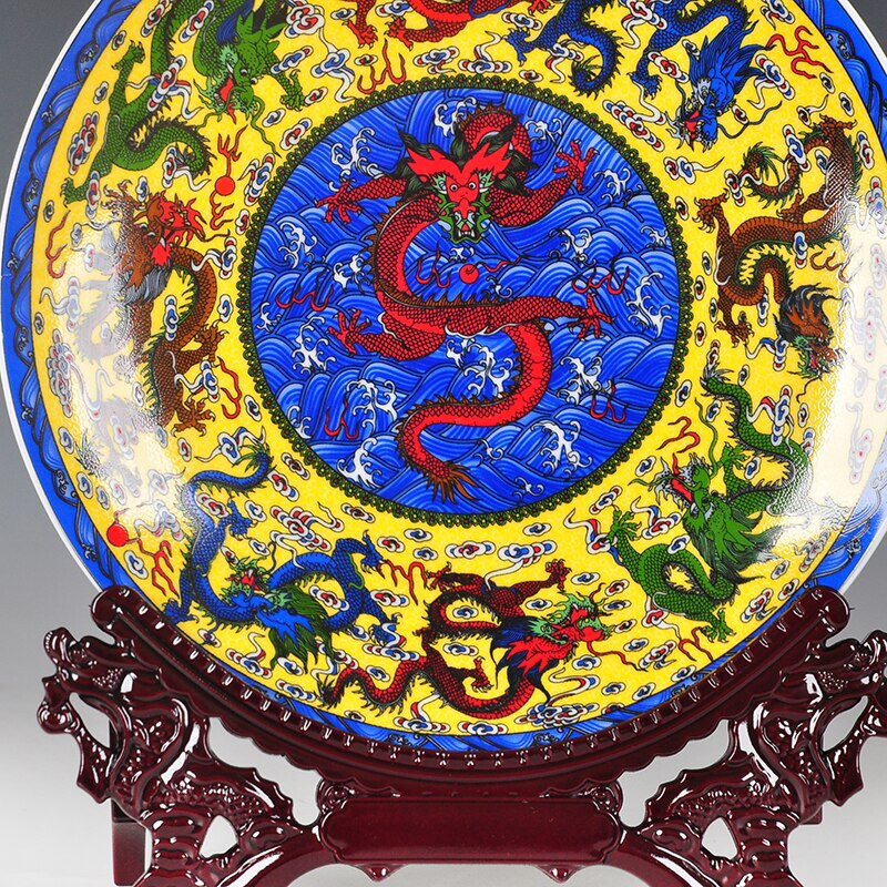 Fengshui Art Keramische Sier Plaat Oude Chinese Negen Draken Decoratie Hout Base Porselein Traditionele Chinese Plaat Set