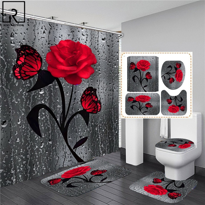 Rideau de Douche 3D Imperméable à Imprimé Rose en Polyester, Accessoires Disponibles en 5 Couleurs, Ensemble de Moquette de Décoration et Tapis de Bain Antidérapant pour toilette et Maison