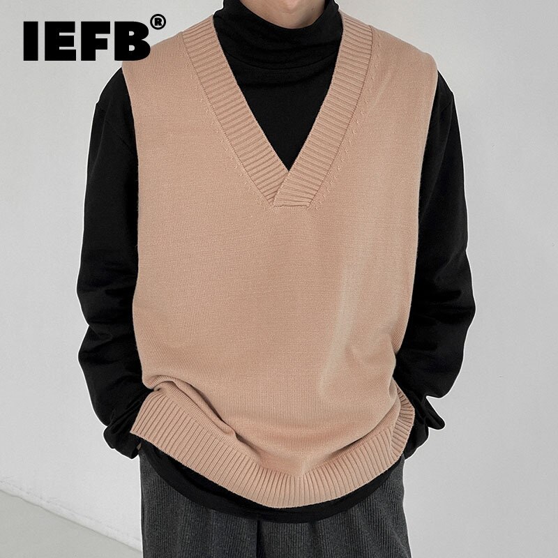 IEFB – gilet en tricot fin pour homme, pull sans manches, col en v, sous-vêtement ample, Vintage, tendance, collection automne hiver