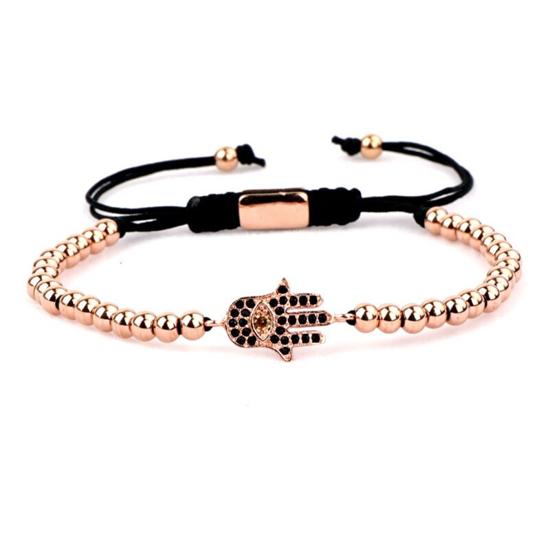 Jaravvi di alta qualità CZ Micro pavimenta mano perline in acciaio inossidabile cavo fatto a mano intrecciato Macrame braccialetto di amicizia regalo gioielli uomo: Rose gold