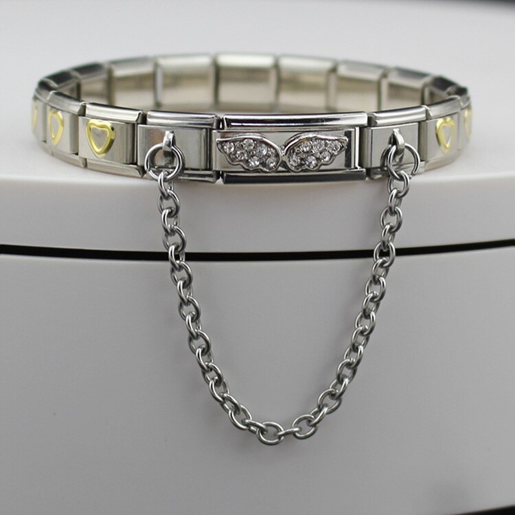 Glücks-Armbinde für damen aus edelstahl, 9mm- teilig, mit flügelgliedern, blumen- und herzanhänger, armreif, schmuck  g64-10: F