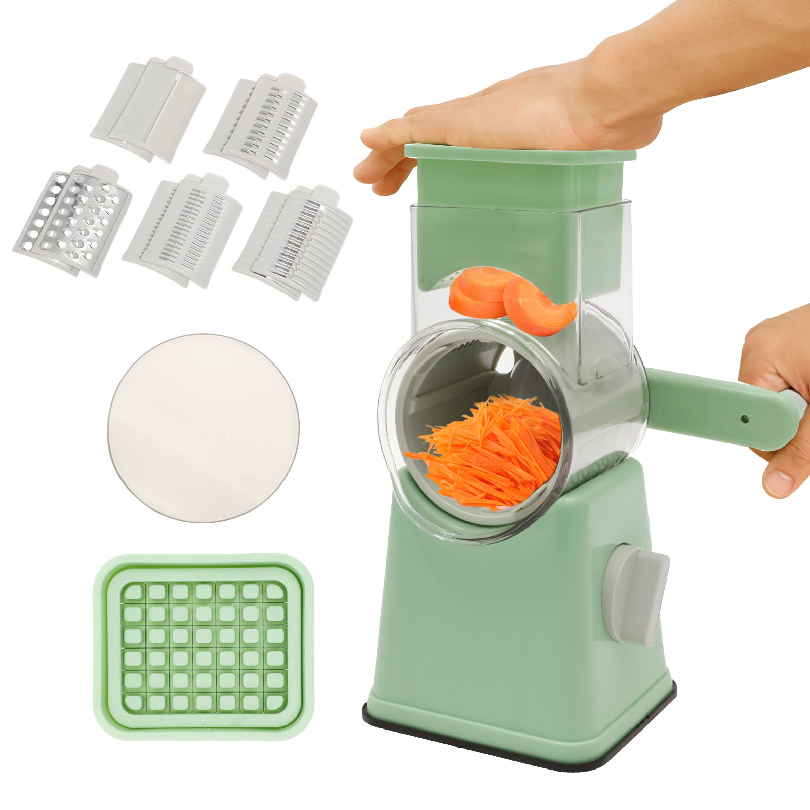 Rallador de queso giratorio, cortador de verduras multifuncional con 12 cuchillos rizados de acero inoxidable, cortadores de rodillo para apretar a mano para Cocina