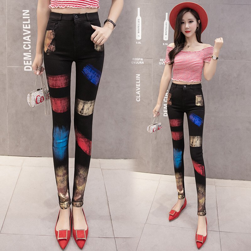 Gold-stamped jeans, summer dress, colour stripes, graffiti trousers, tight elastic straight pants