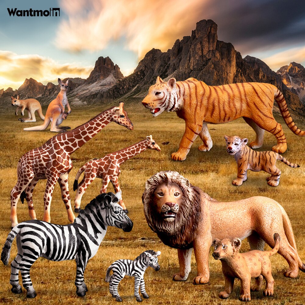 Wild Animals Model Family with Kangaroo Hippo Rhino Tiger Zebra/Realistic Wildlife Collection action figure for kids