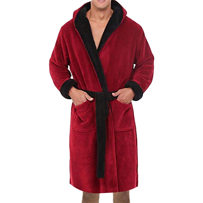 Feitong Mode 1Pcs Men'S Winter Polyester Verlengd Pluche Sjaal Badjas Home Kleding Lange Mouwen Effen Kleur Gewaad Jas: Red / L