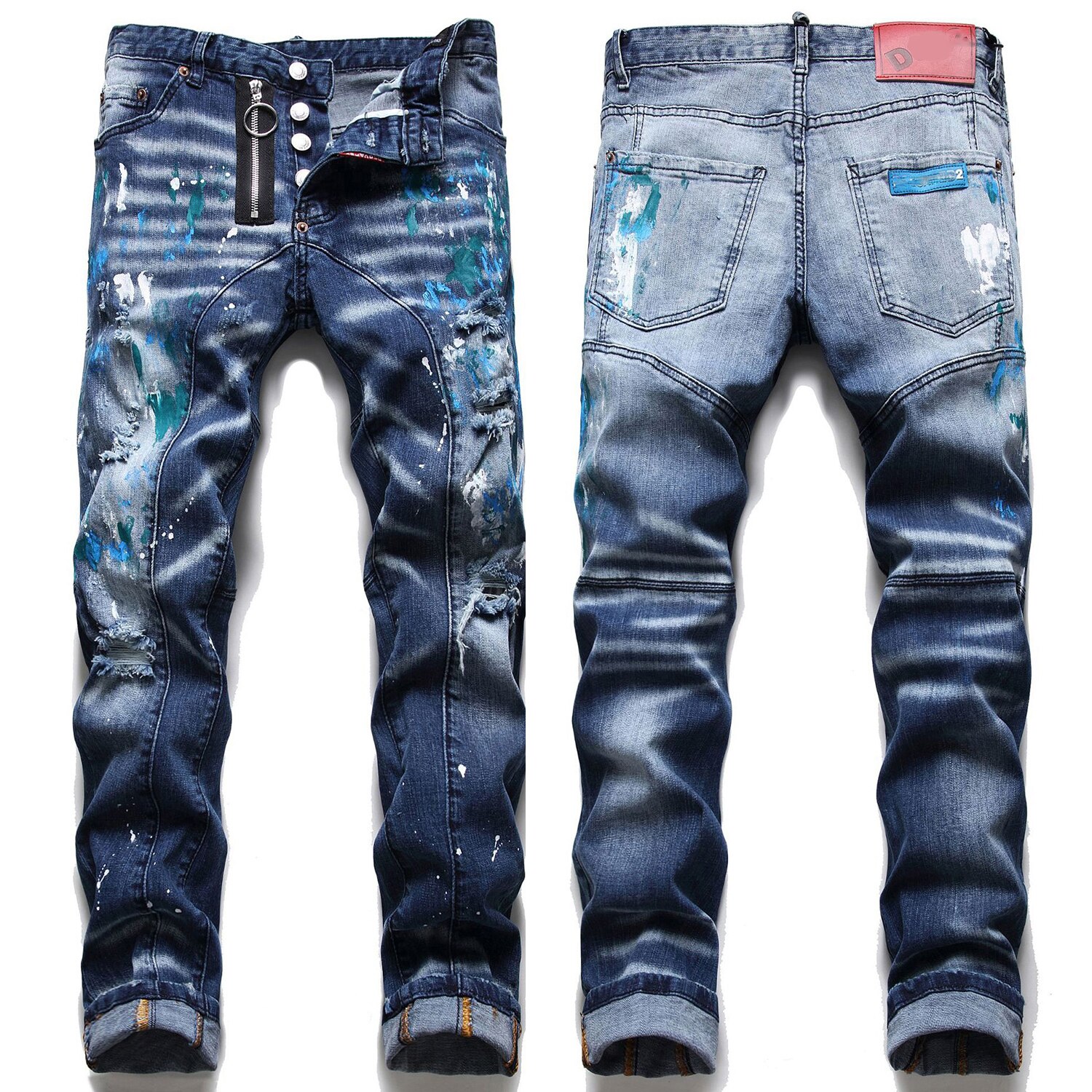 Licht Luxe Mannen Kleur Graffiti Verf Denim Broek, Slim-Fit Ripped Jeans, street Casual Jeans Broek;: 32