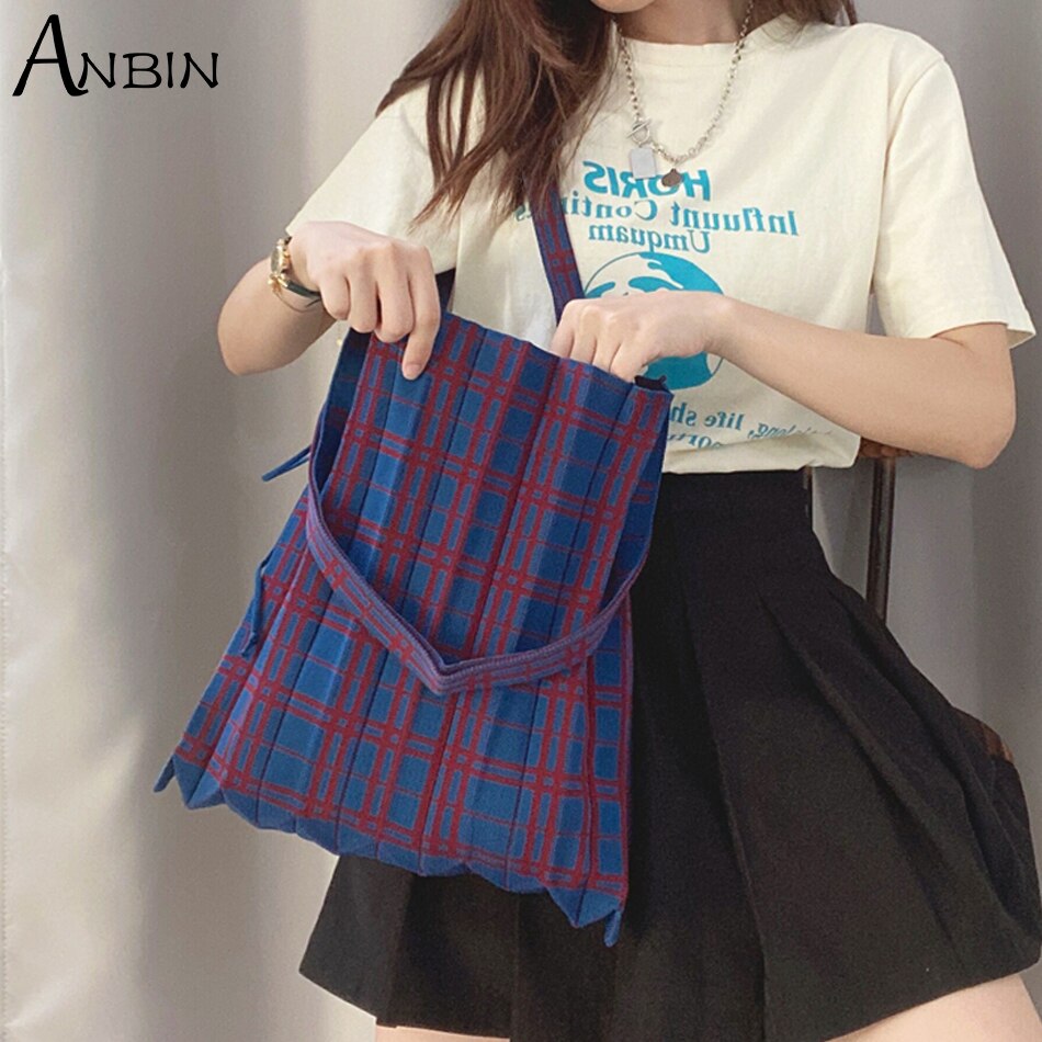 Vrouwen Gebreide Wol Schoudertas Contrast Kleur Gecontroleerd Eenvoudige Studenten Doek Winter Warm Wollen Winkelen Handtassen Tote