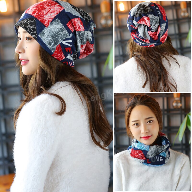 Long Keeper Women Knit Warm Hat Scarf Three Used Woman Flora Cap Beanie Skullies For Girl Autumn Caps Bonnet: navy STYLE 3