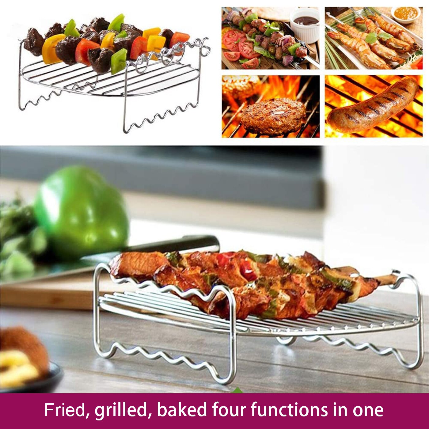 Double Layers Air Fryer Racks Stainless Steel Grill Multi-purpose Roasting Rack Skewers Baking Tray Air Fryer AccessoriesTools