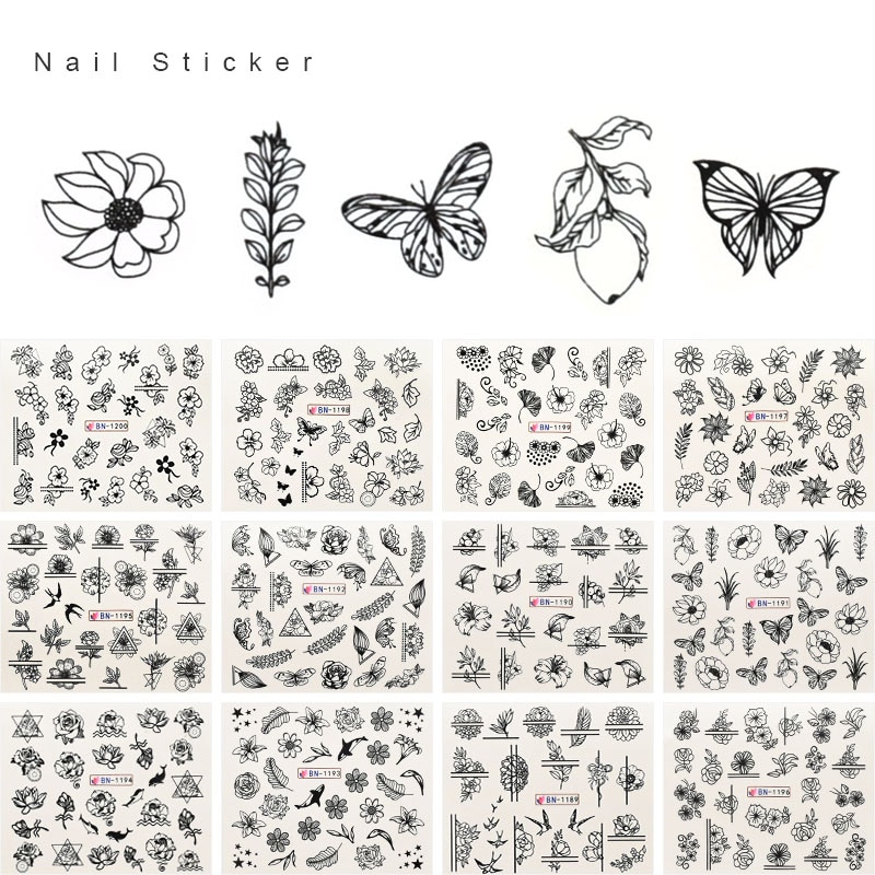 12 Stks/set Zwarte Bloemen Vlinder Water Nail Stickers Hollow Nail Art Decal Water Transfer Slider Decor Manicure ZJT4094