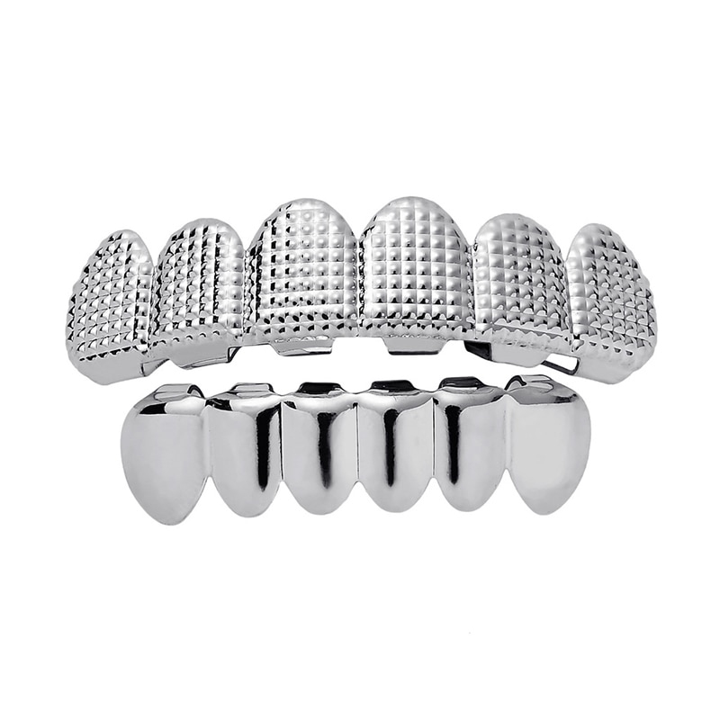 Hip Hop hommes 6 haut et bas dents or argent couleur faux dents Grillz ensemble bosse treillis grils dentaires pour les femmes bijoux de corps