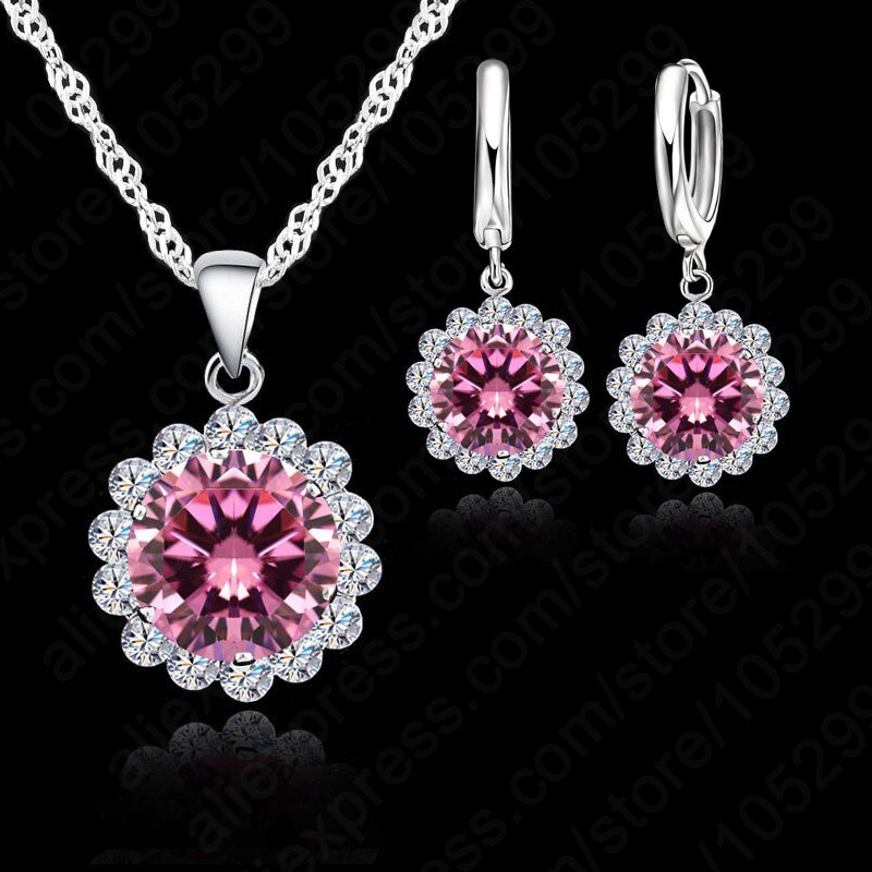 Conjunto de joyería de boda para mujer, collar y pendientes de circonita cúbica de plata pura 925, conjunto de , precio al por mayor: pink