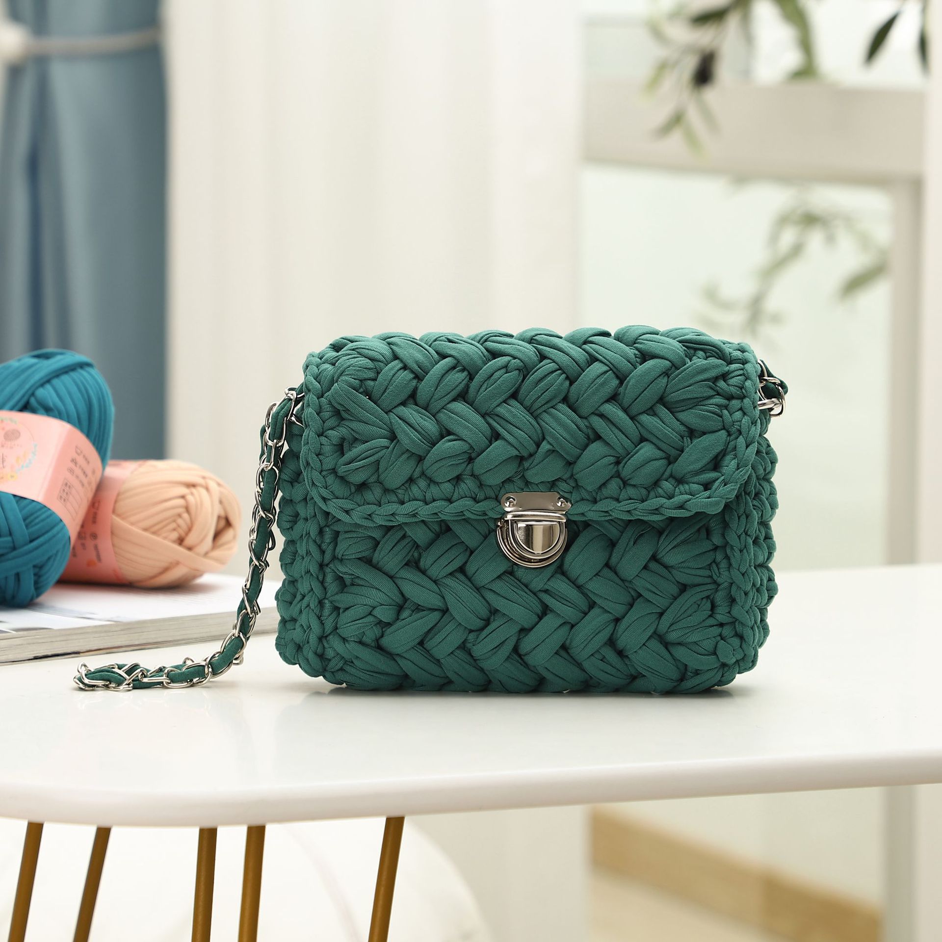 BONJEAN-Bolsos trenzados con cerrojo para mujer, 1 Juego de bolsas de algodón artesanales, materiales hechos a mano, herramientas BJ2859: Hasp Dark Green