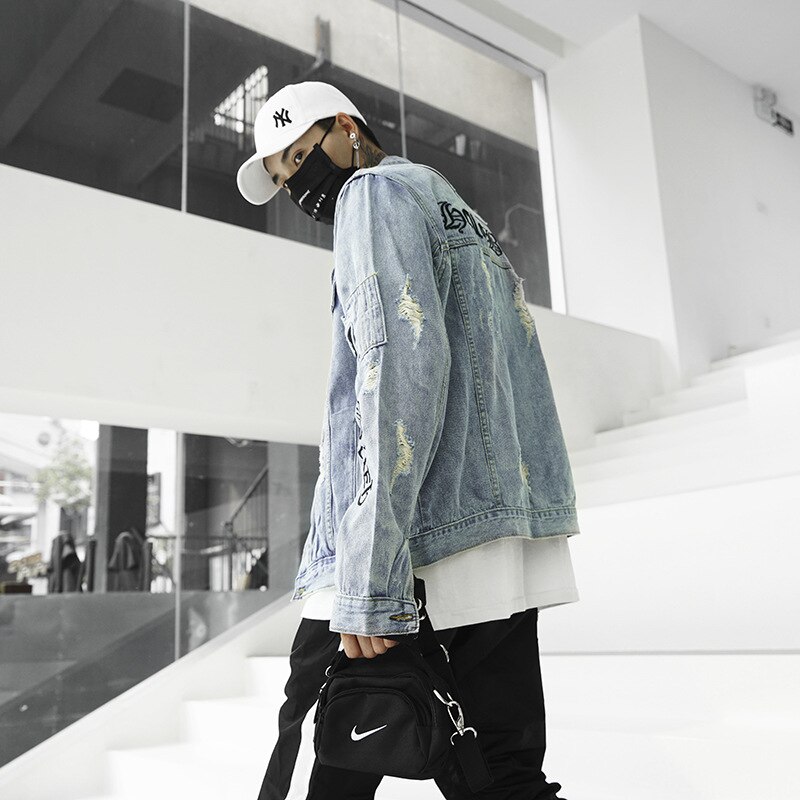 Mens Graffiti Denim Jassen Streetwear Hip Hop Casual Patchwork Ripped Verontruste Punk Rock Jeans Jassen Uitloper