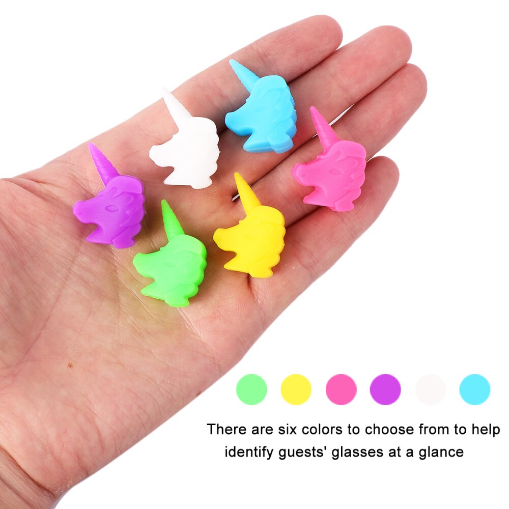 12 st 6 färger silikon unicorn vinglas markör söt dricka kopp identifierare party cup tecken (blandad färg): Default Title