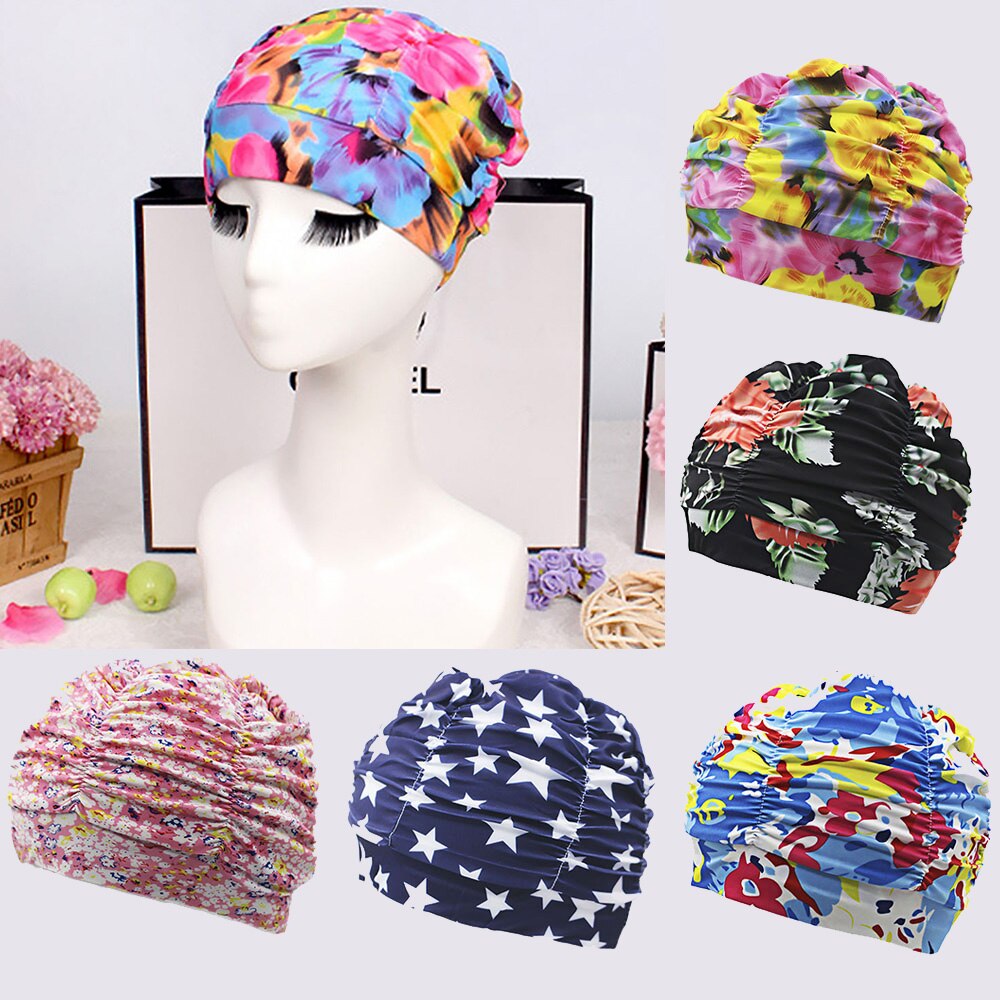 Women Swimming Cap Floral Printed Swim Pool Hat Beach Surfing Long Hair Ears Protection Summer Beach Swim Caps Free size