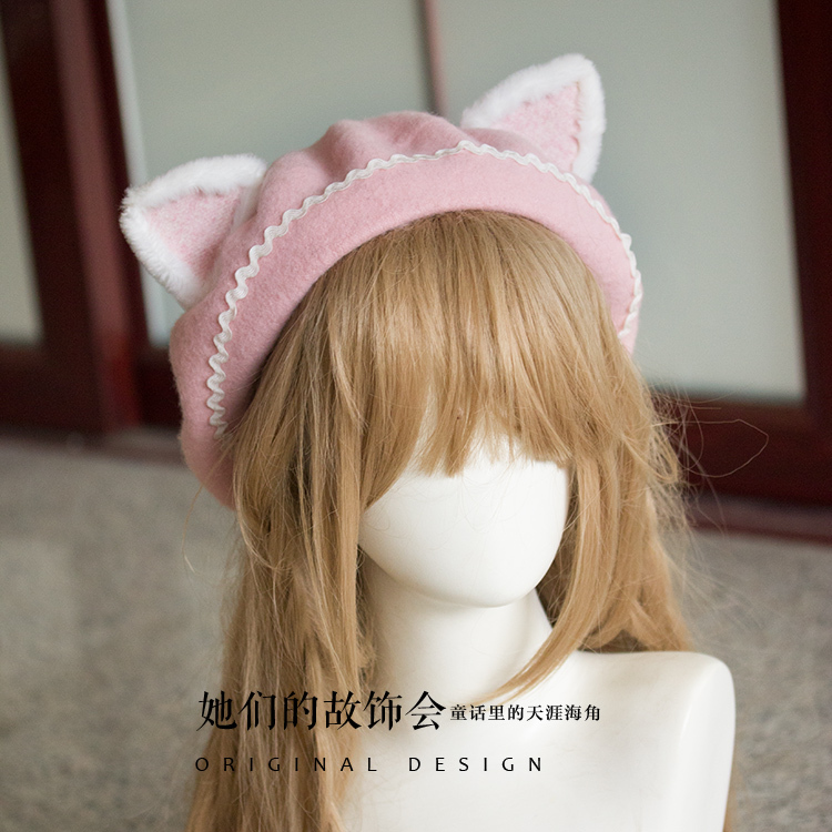 Mori Girl-boinas planas con orejas de gato para mujer, gorro de pintor de lana, Vintage, cálido, para Otoño e Invierno
