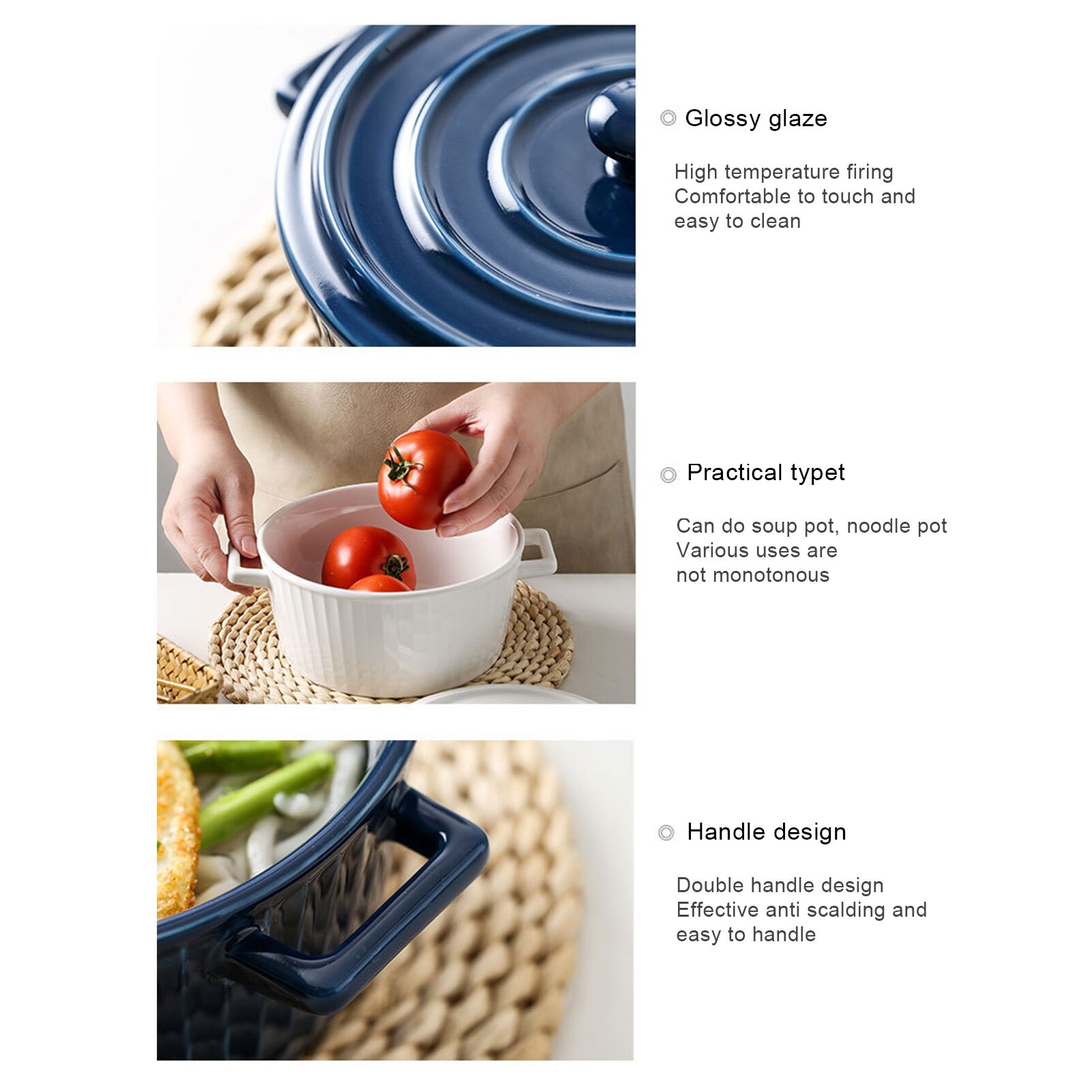 Grand bol à soupe en céramique de 1200ml, avec couvercle et poignée, ustensiles de cuisine, vaisselle