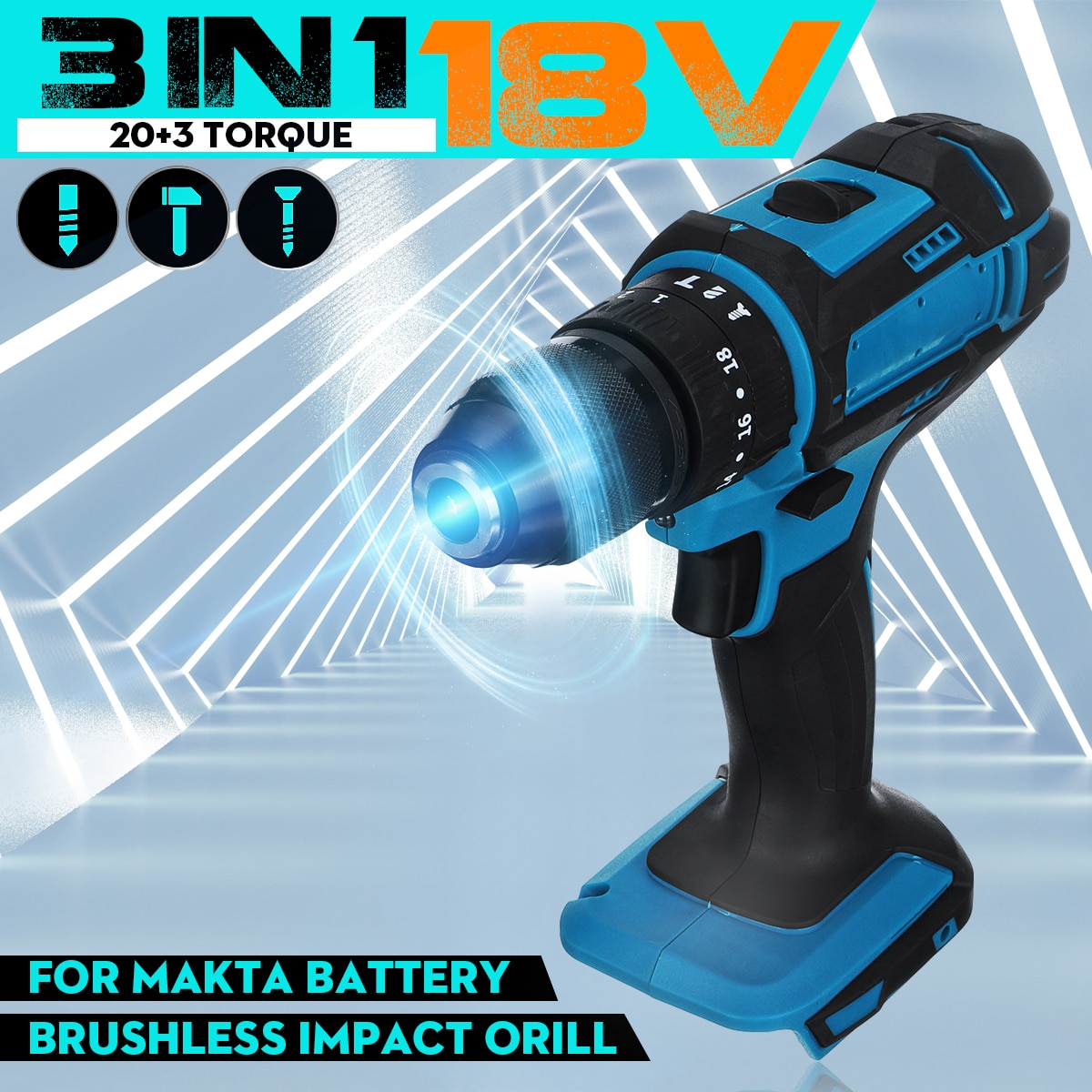 3 in 1 18V Electric Cordless Impact Drill 13mm Rechargable Electric Screwdriver Drill for Makita Battery Power Tool