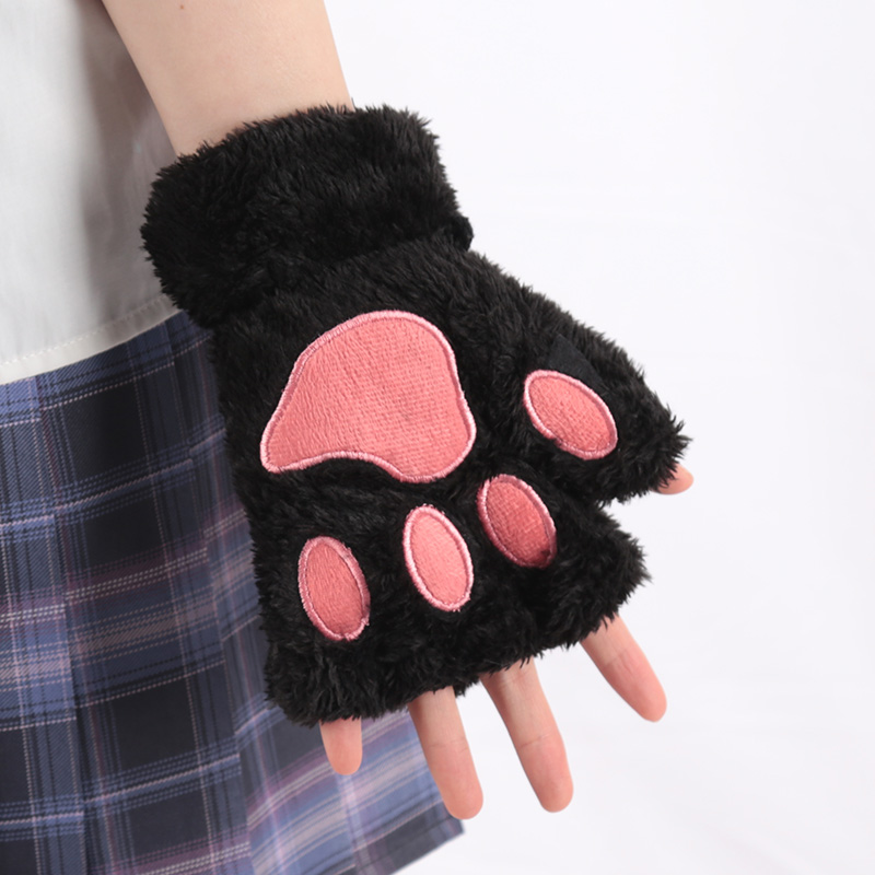 Gants à griffes de chat de dessin animé pour femmes, peluche épaisse, joli Style patte d'ours, doigts exposés, mitaines demi-hiver, gants chauds pour filles