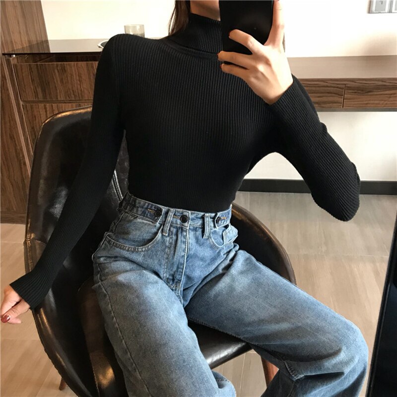 Pull épais pour femmes, Pull tricoté côtelé, Pull à manches longues, col roulé, Pull Slim et pour femmes, collection automne et hiver