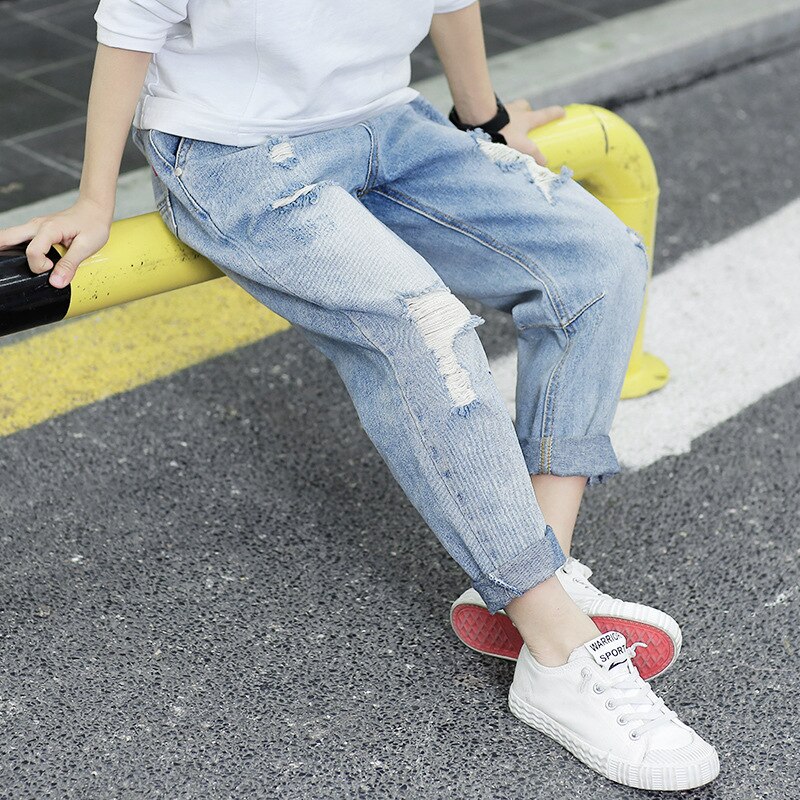 Crianças jeans meninos adolescentes outono clássico calça longa moda buraco denim calças jeans criança casual para meninos roupas 10 anos 6-14y