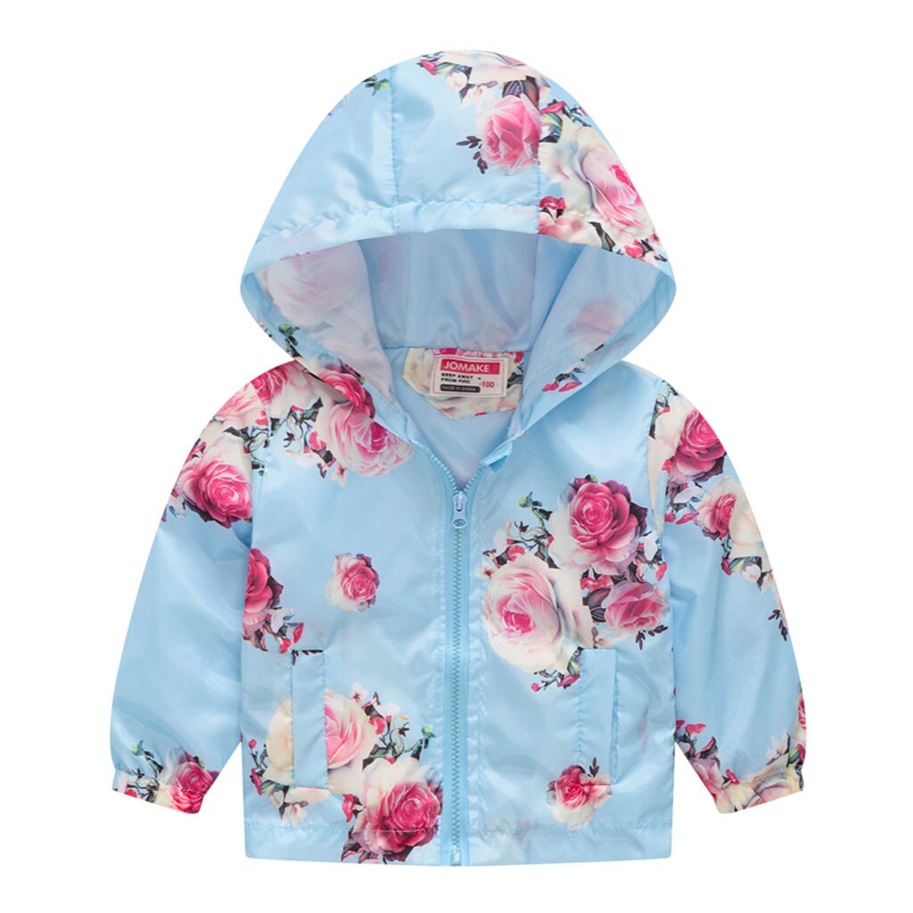 Giacca per le ragazze di Fiori fiori Stampati Con Cappuccio giacca a vento di Primavera tuta sportiva dei bambini bambini cappotto Enfant ragazzi giacche Magliette e camicette: Light blue / 3T