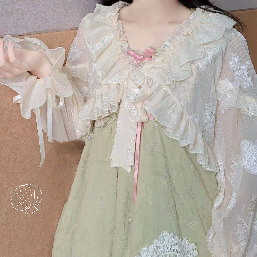 Geraffte Jacken für Damen, bauchfrei, ästhetisch, Sonnenschutz, zart, süß, für Mädchen, Fairycore, beliebt, Puffärmel, sanft, dünn, Sommer-Lolita-Stil: XL / Beige