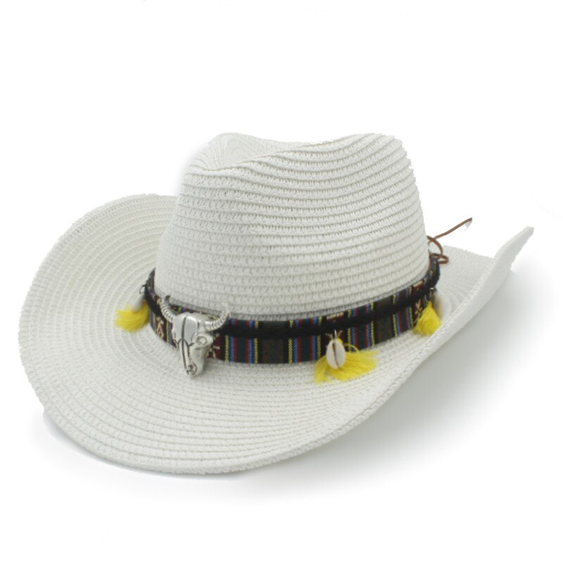 Kvinder sommer halm vestlige cowboy hat med roll up bred kant dame jazz sombrero hombre cowgirl hat: Hvid
