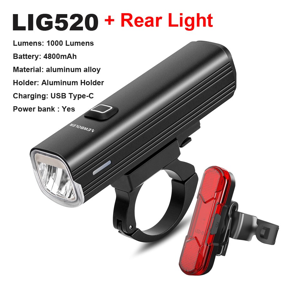 NEWBOLER – lampe de poche pour vélo 1000 Lumen, ensemble de feux avant et arrière, étanche, phare vtt, 4800mAh, accessoire de cyclisme: LIG520 Rear Light