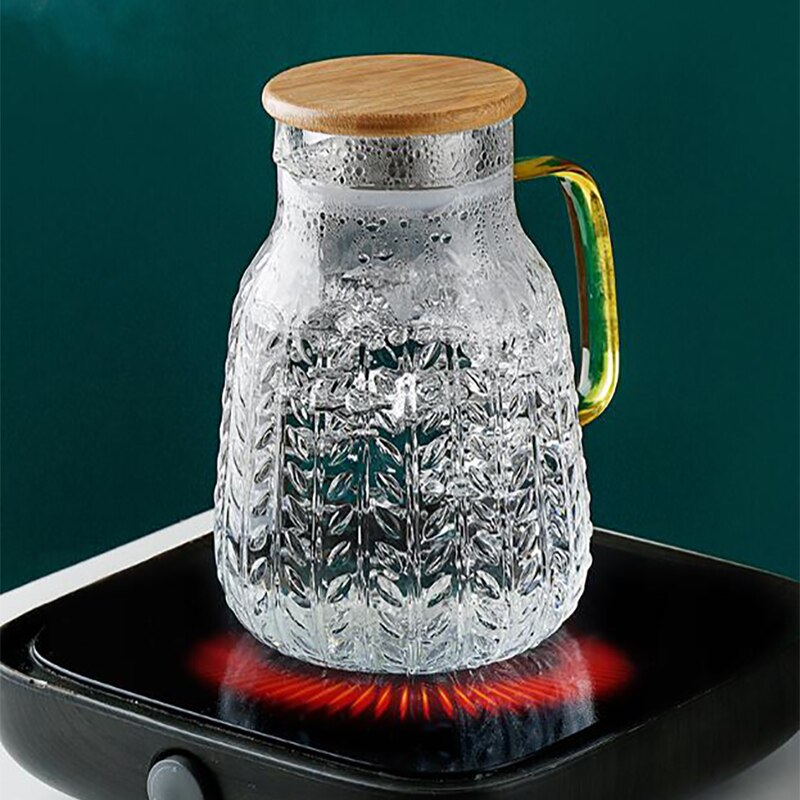 Glass Water Jug Creativity Glass Water Pitcher Cold Water Kettle Tea Pot With Wooden Cover Golden Handle 1500ML Home Use
