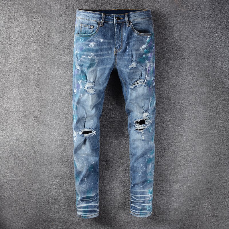 Streetwear Mannen Jeans Slim Fit Blauwe Verf Vernietigd Ripped Jeans Mannen Biker Broek Streetwear Hip Hop Jeans Homme: 40