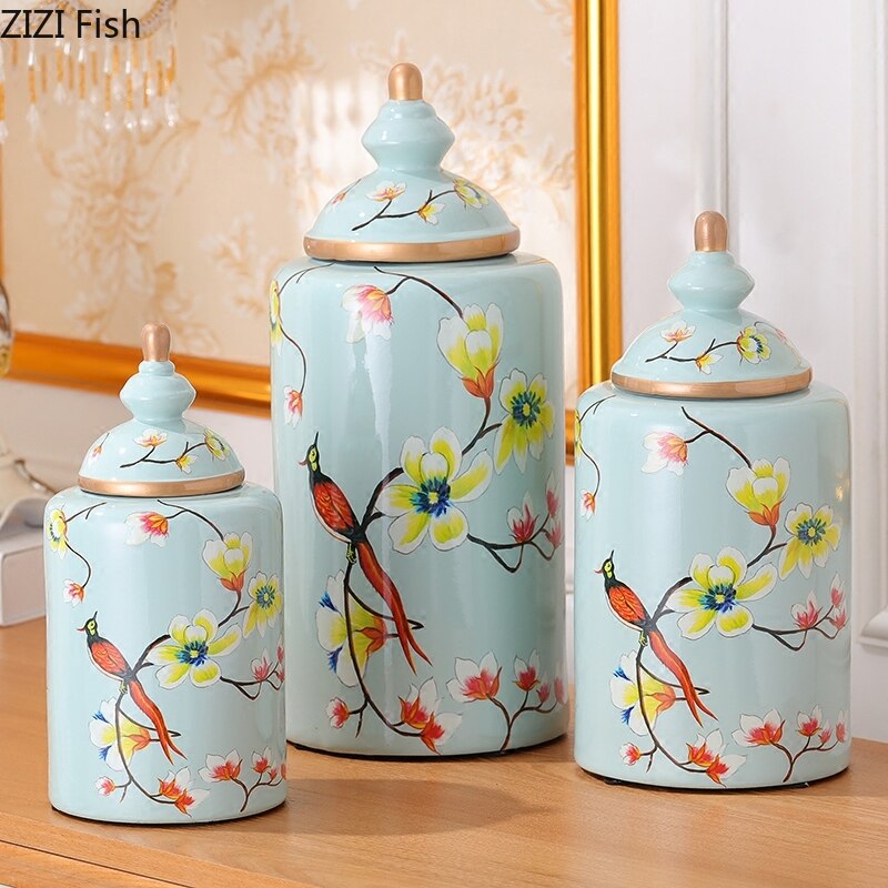 Jarrón de cerámica pintado de flores y pájaros jarrones clásicos jarrones antiguos de caramelo jarras de almacenamiento de porcelana multiusos decoración Vintage para el hogar