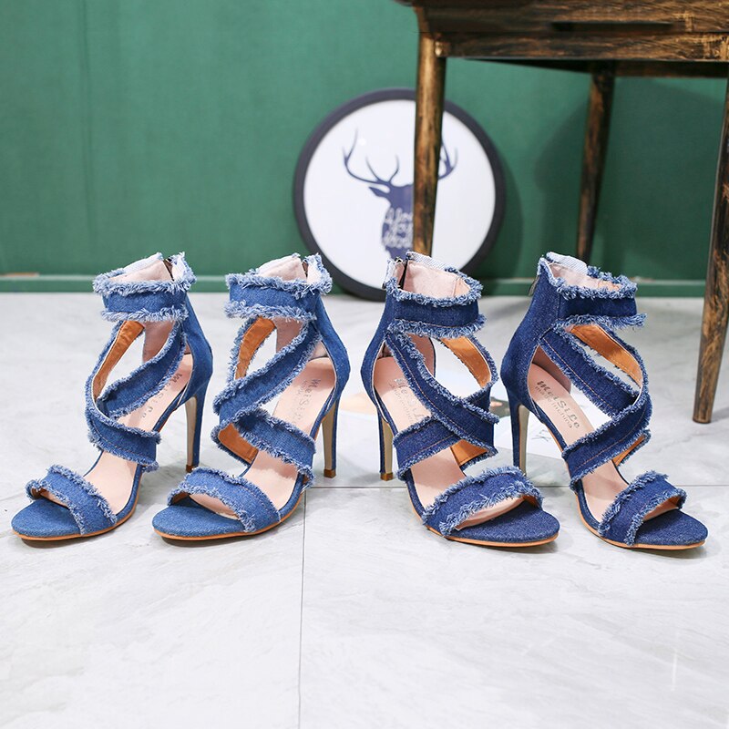 Sandales en jean pour Femme, chaussures d'été à talons hauts, nouvelle , n801,