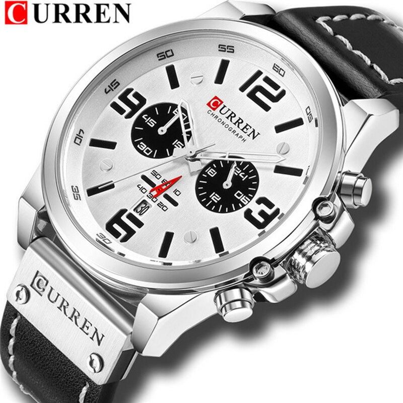 Curren Top Luxe Mannen Sport Horloge Waterdicht Lederen Band Quartz Klok Chronograaf Datum Horloge Relogio Masculino 8314: Black White White