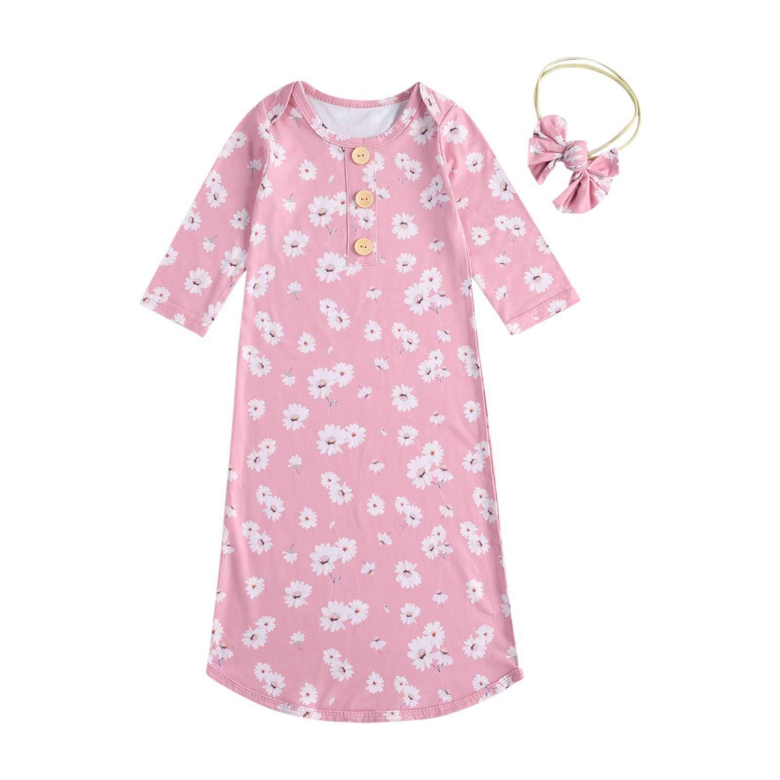 2020 nova infantil bebê menina pijamas 2 pçs conjunto rosa daisy impressão botões manga longa vestido + bandana flor impressão floral camisas