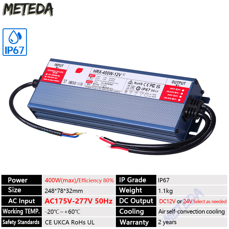 Transformador de iluminación de fuente de alimentación impermeable IP67 AC100V ~ 277V a DC 12V 24V Controlador LED 100W 200W 300W 400W 500W adaptador para exteriores: Verde / 230 V