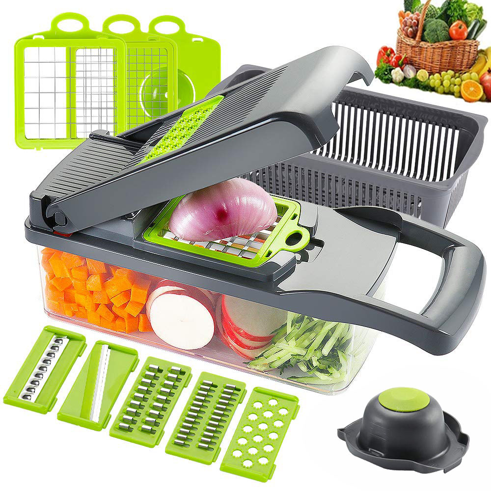 Multifunctional Vegetable Cutter Mandoline Slicer 8 Blades Vegetable Choppers With cut-resistant Gloves Onion Potato Slicer Dice: Gray 12 set