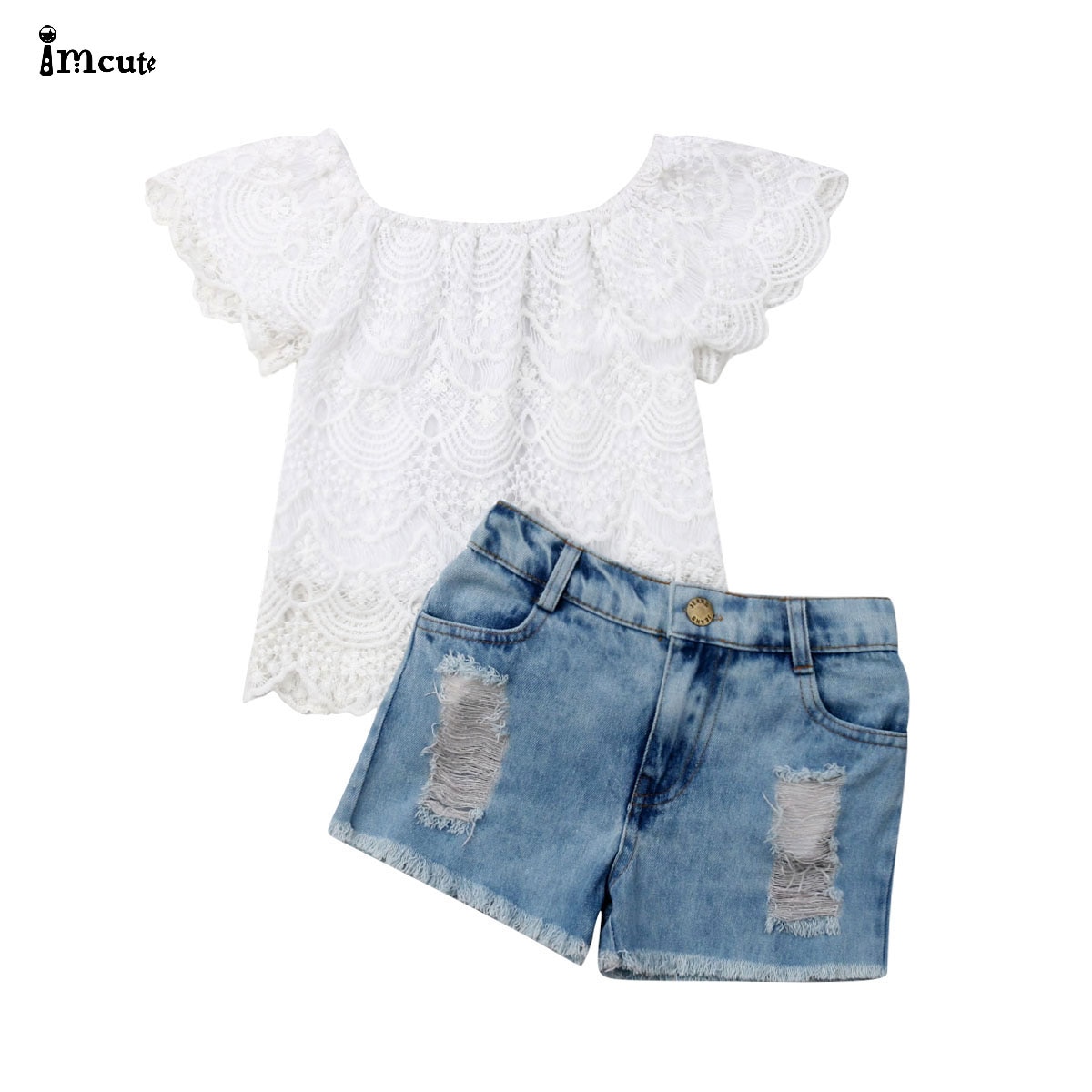 Peuter kinderkleding babymeisje zomer kant bloemen top denim korte broek outfit set 2 stuks zonnepak