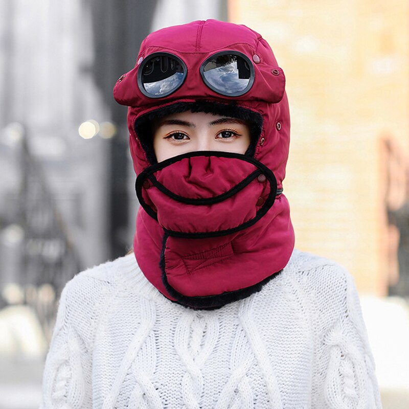 Winter Warme Muts Met Bril Multifunctionele Lei Feng Hoed Koude-Proof Plus Fleece Hat Riding Warm Katoenen Muts Winddicht nek Hoed: women red