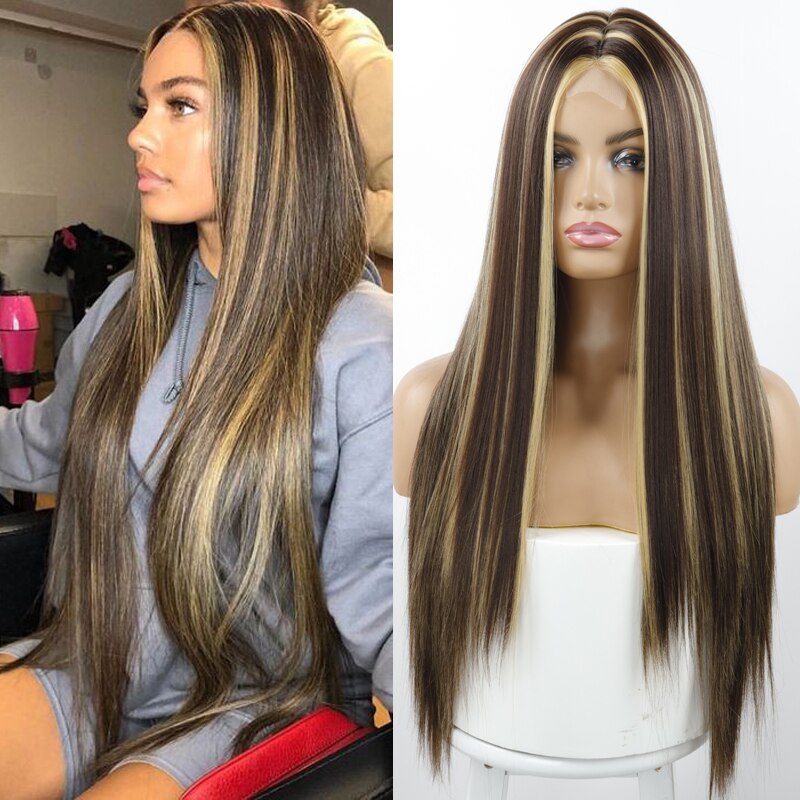 LISI GIRL longue ligne droite perruque noire perruques synthétiques pour les femmes partie moyenne naturelle perruque de dentelle fibre résistante à la chaleur perruque d'apparence naturelle