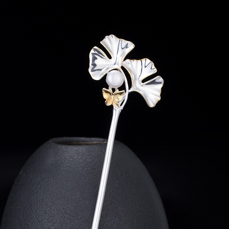 925 haarnadel aus sterlingsilber mit ginkgoblatt-schmetterling, antiker retro-haarschmuck mit perle für damen, handgefertigter feiner schmuck