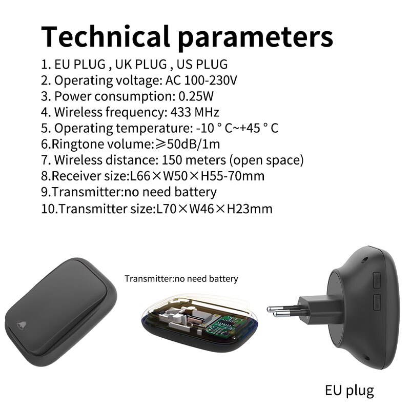timbre inalámbrico exterior autoalimentado timbre puerta casa 220v transmisor impermeable de 220V, No requiere batería, receptor de la UE,juego de timbre para Control del hogar