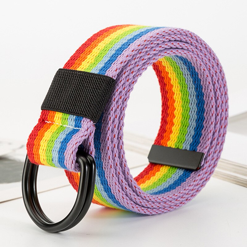 Kvinnor nylon canvas regnbåge långt bälte dubbel d metall svart spänne midjeband 16 stilar jeans vävd midjerem cinturon mujer: Lila regnbåge