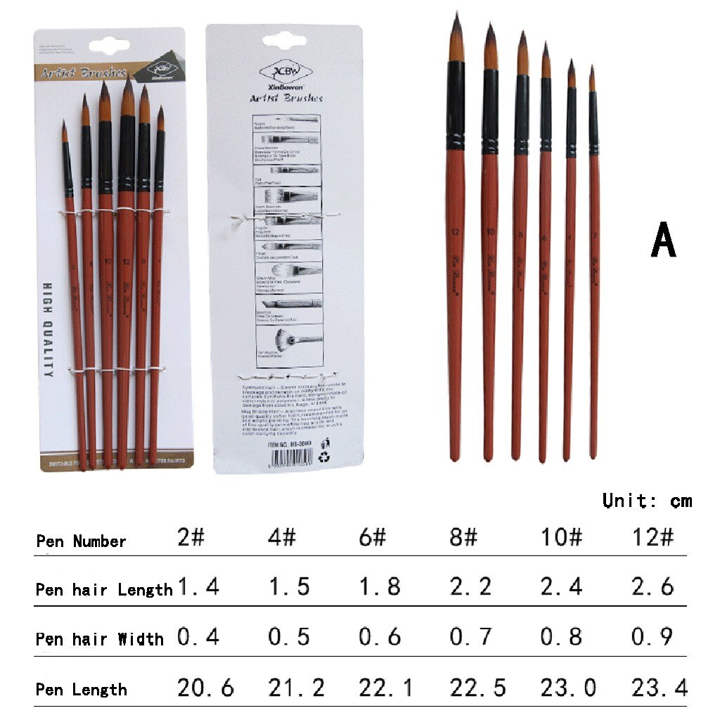 6 Kunstenaar Aquarel Penselen Kwast Voor Nylon Penselen Olieverf Acryl Platte & Tip Kit Pen art Supplies: A
